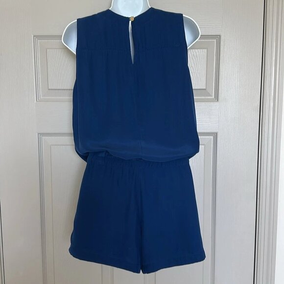 Amanda Uprichard Women’s Navy 100% Silk Sleeveless Tie Waist V-Neck Romper Sz S - Picture 4 of 10